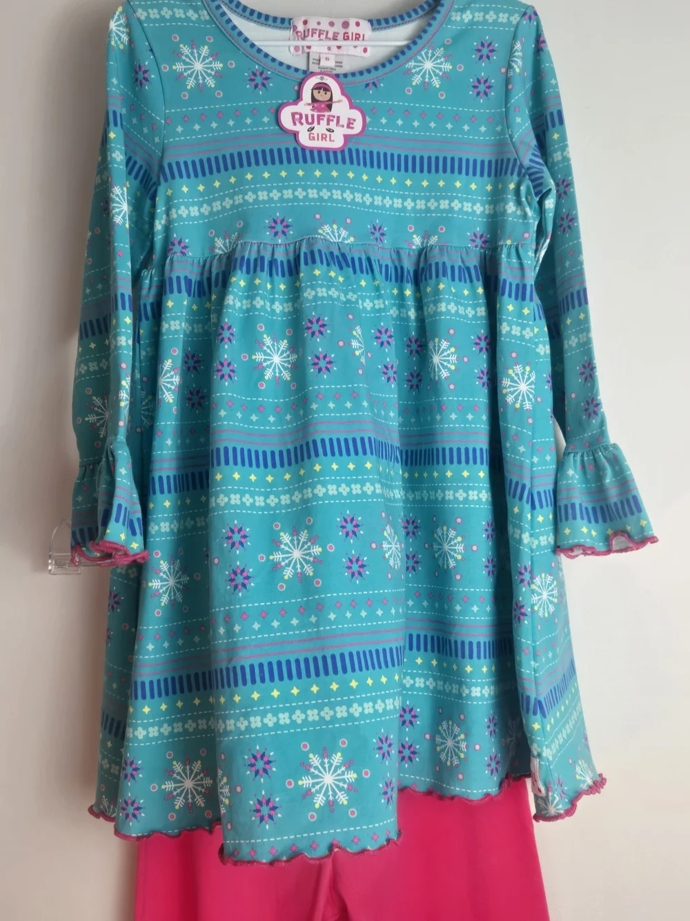 Ruffle Girl Teal Snowflake Tunic with Bright Pink Ruffle  Pants